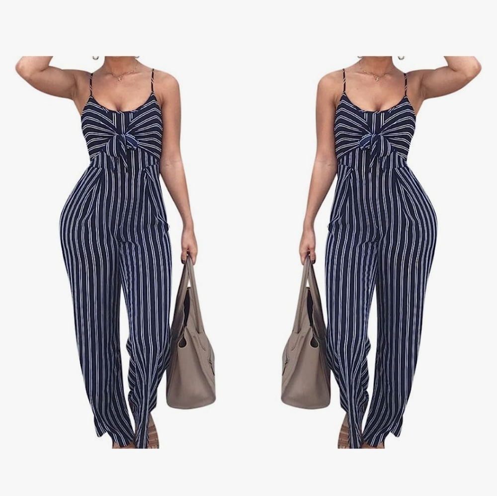 5 FOR $25 Sexy Spaghetti Strap Tie Front Pinstripe Jumpsuit - Picture 2 of 4